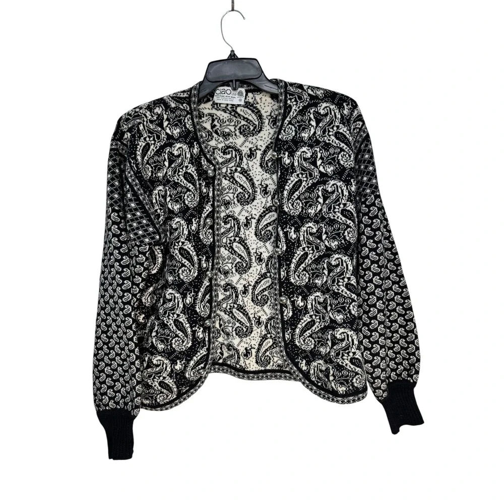 Ciao Ltd Vintage 100% Wool Paisley Cardigan Sweater Silver Dome Buttons Black 16